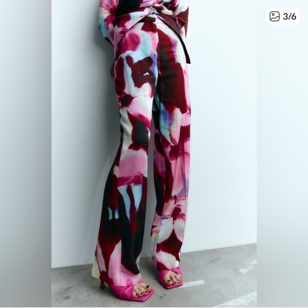 Zara Wide-Leg Printed Satin Pants in Pink and Burgundy